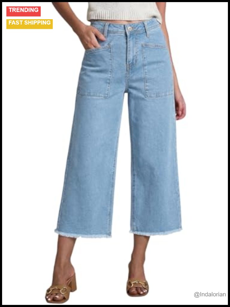 High Waisted Wide Leg Capri Jeans With Pockets Stretchy Raw Hem